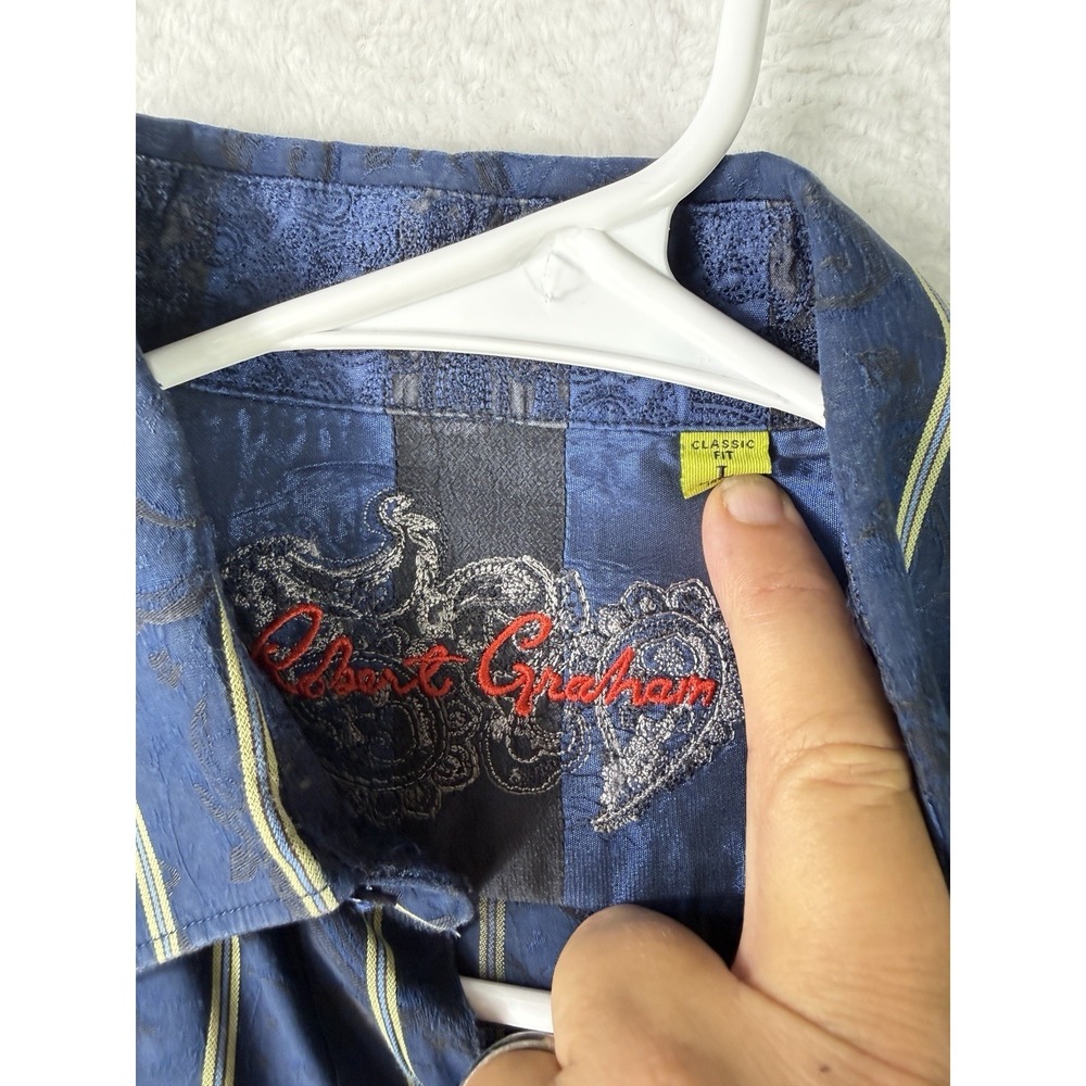 Robert Graham Shirt Mens Large Blue Striped Flip Cuff Paisly Embroidered Woven - Picture 3 of 9
